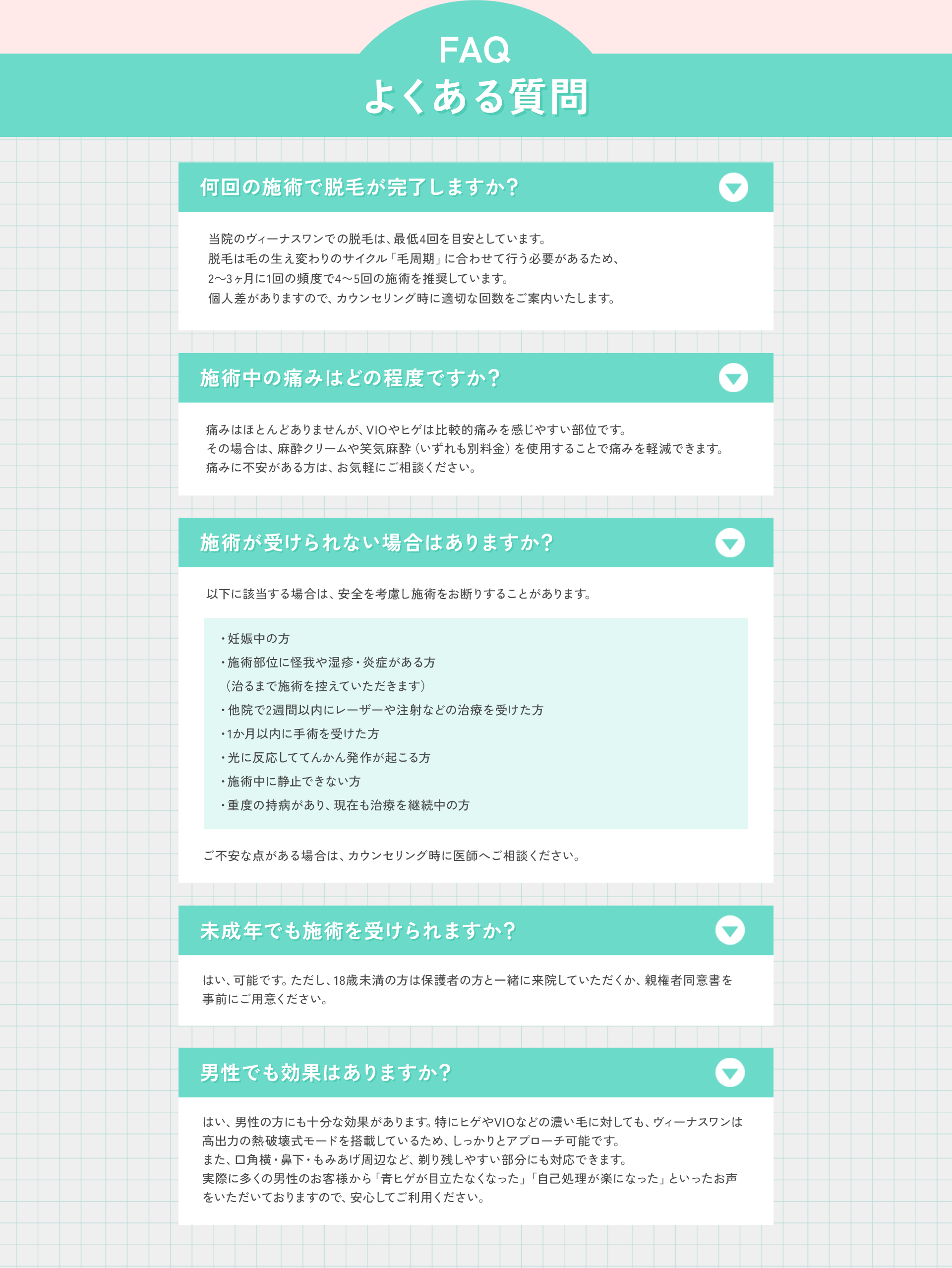 FAQ よくある質問 何回の施術で脱毛が完了しますか？ 当院のヴィーナスワンでの脱毛は、最低4回を目安としています。脱毛は毛の生え変わりのサイクル「毛周期」に合わせて行う必要があるため、2～3ヶ月に1回の頻度で4〜5回の施術を推奨しています。個人差がありますので、カウンセリング時に適切な回数をご案内いたします。  施術中の痛みはどの程度ですか？ 痛みはほとんどありませんが、VIOやヒゲは比較的痛みを感じやすい部位です。その場合は、麻酔クリームや笑気麻酔（いずれも別料金）を使用することで痛みを軽減できます。痛みに不安がある方は、お気軽にご相談ください。 施術が受けられない場合はありますか？ 以下に該当する場合は、安全を考慮し施術をお断りすることがあります。 ・妊娠中の方・施術部位に怪我や湿疹・炎症がある方（治るまで施術を控えていただきます）・他院で2週間以内にレーザーや注射などの治療を受けた方・1か月以内に手術を受けた方・光に反応しててんかん発作が起こる方・施術中に静止できない方・重度の持病があり、現在も治療を継続中の方 ご不安な点がある場合は、カウンセリング時に医師へご相談ください。 未成年でも施術を受けられますか？ はい、可能です。ただし、18歳未満の方は保護者の方と一緒に来院していただくか、親権者同意書を事前にご用意ください。