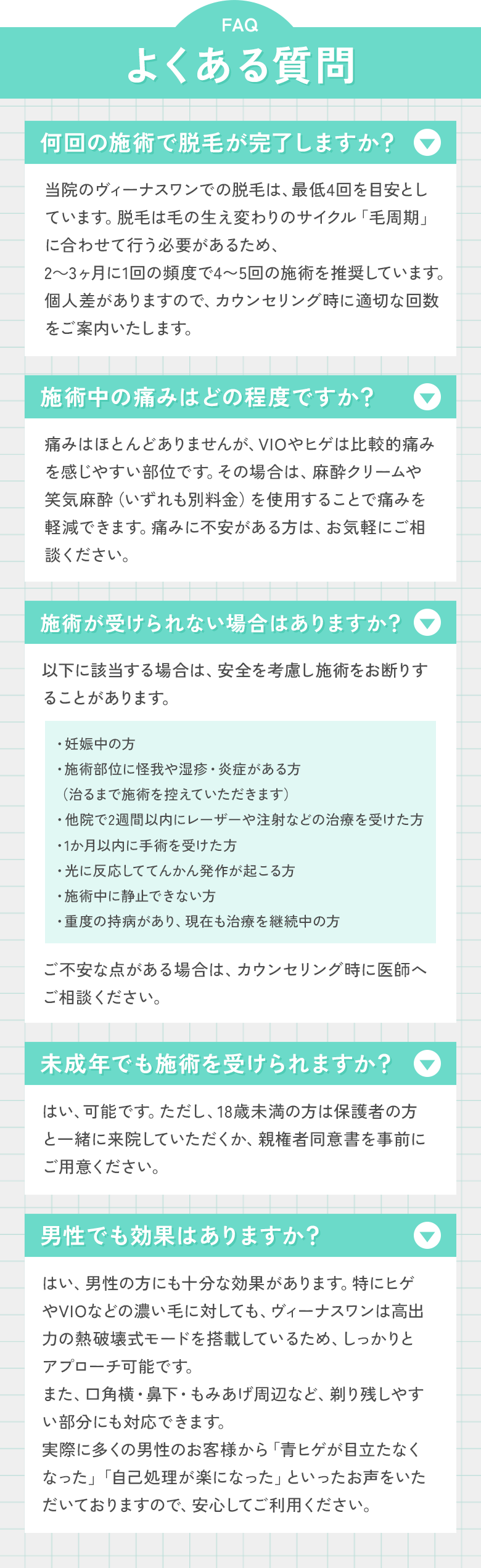 FAQ よくある質問 何回の施術で脱毛が完了しますか？ 当院のヴィーナスワンでの脱毛は、最低4回を目安としています。脱毛は毛の生え変わりのサイクル「毛周期」に合わせて行う必要があるため、2～3ヶ月に1回の頻度で4〜5回の施術を推奨しています。個人差がありますので、カウンセリング時に適切な回数をご案内いたします。  施術中の痛みはどの程度ですか？ 痛みはほとんどありませんが、VIOやヒゲは比較的痛みを感じやすい部位です。その場合は、麻酔クリームや笑気麻酔（いずれも別料金）を使用することで痛みを軽減できます。痛みに不安がある方は、お気軽にご相談ください。 施術が受けられない場合はありますか？ 以下に該当する場合は、安全を考慮し施術をお断りすることがあります。 ・妊娠中の方・施術部位に怪我や湿疹・炎症がある方（治るまで施術を控えていただきます）・他院で2週間以内にレーザーや注射などの治療を受けた方・1か月以内に手術を受けた方・光に反応しててんかん発作が起こる方・施術中に静止できない方・重度の持病があり、現在も治療を継続中の方 ご不安な点がある場合は、カウンセリング時に医師へご相談ください。 未成年でも施術を受けられますか？ はい、可能です。ただし、18歳未満の方は保護者の方と一緒に来院していただくか、親権者同意書を事前にご用意ください。