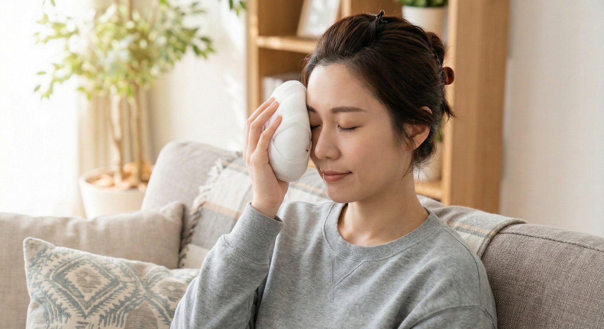 自宅でアイスパックを目元に当てる女性