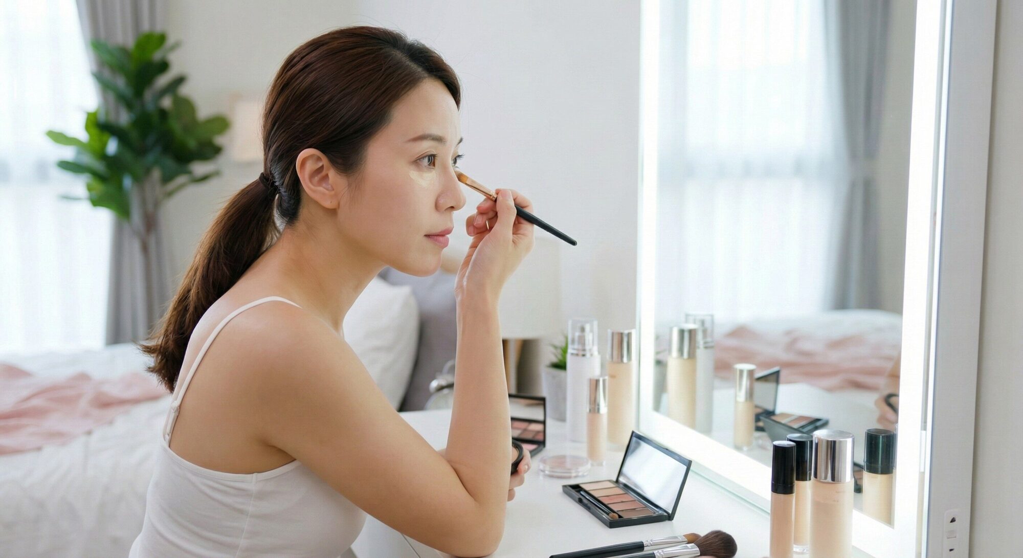 化粧台でメイクをする女性