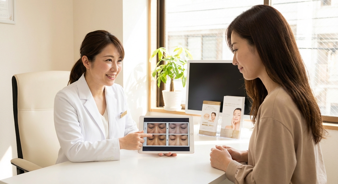 クマ取り施術前に医師とカウンセリングを行っている女性