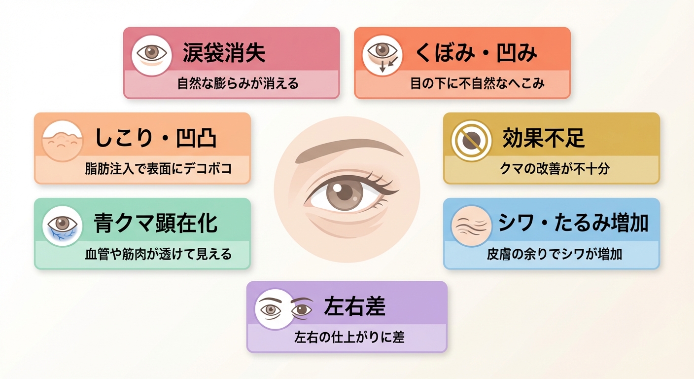 クマ取りの主な失敗例を示す図解（くぼみ・膨らみ残り・シワ・左右差・青クマ・しこり・涙袋消失）