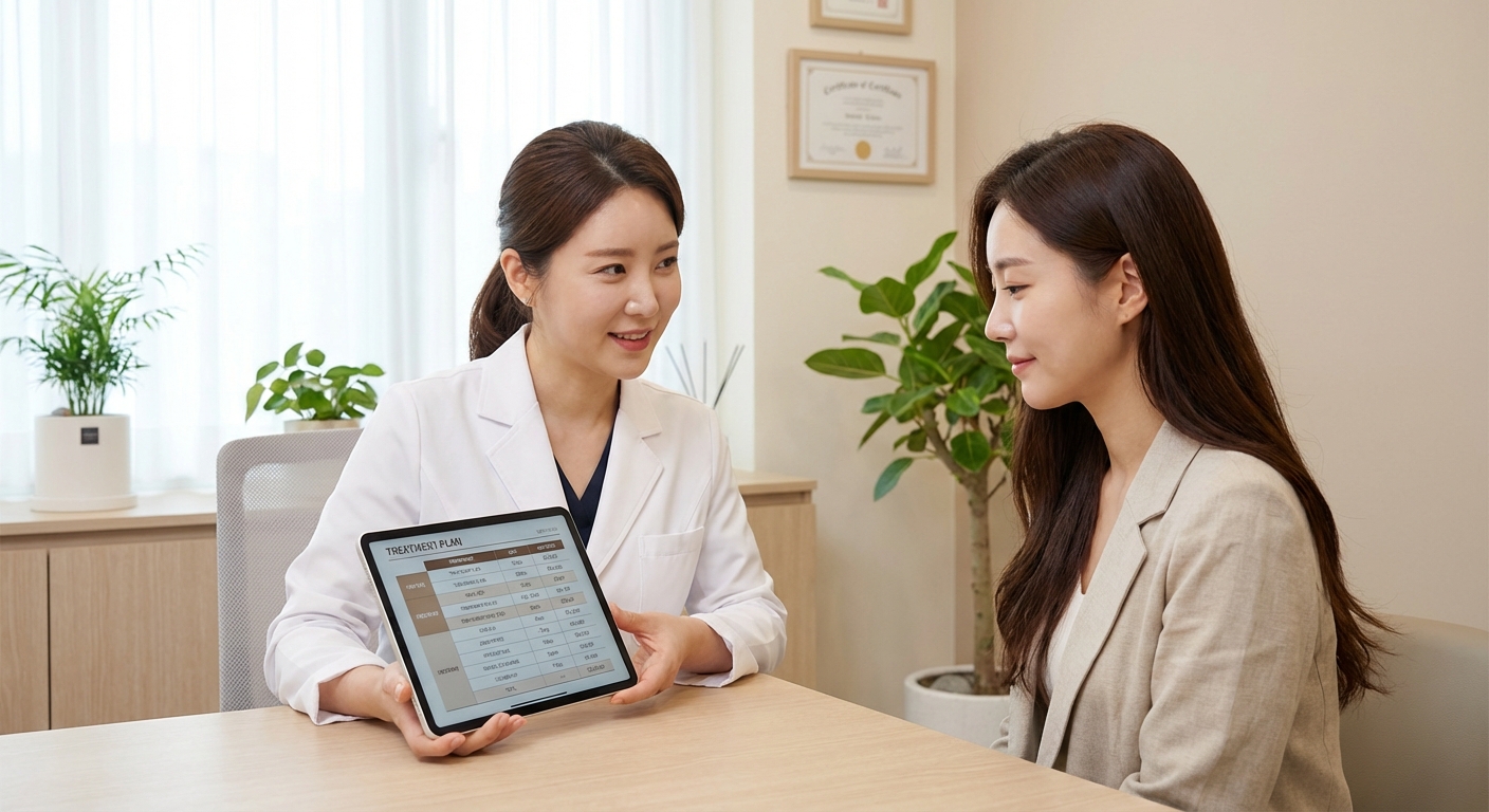 クマ取りについてクリニックで医師にカウンセリングを受けている女性