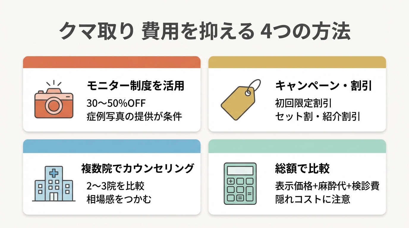 クマ取りの費用を抑える4つの方法を示す図解（モニター制度・キャンペーン・複数カウンセリング・総額比較）