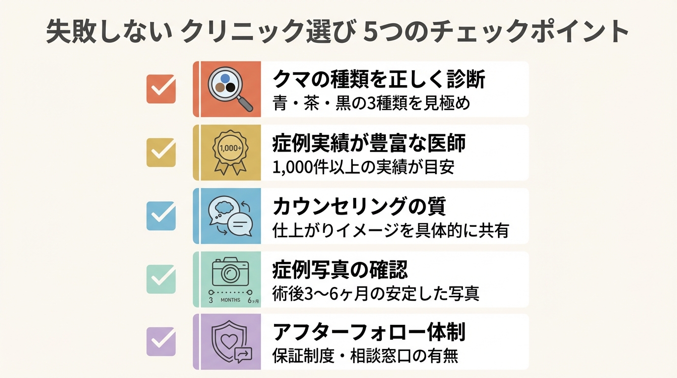 クマ取りで失敗しないためのクリニック選び5つのチェックポイントを示す図解