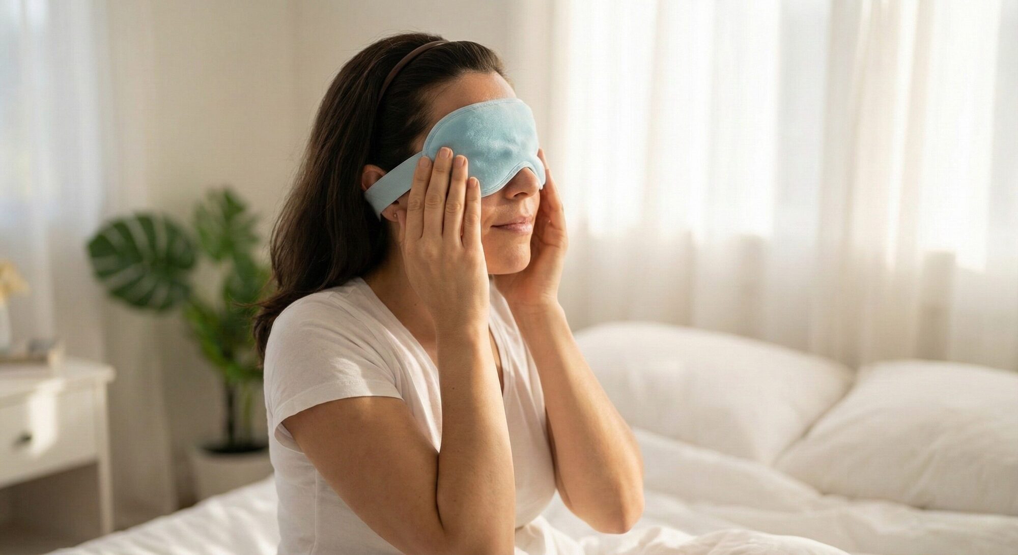 目元を冷却アイマスクでケアする女性