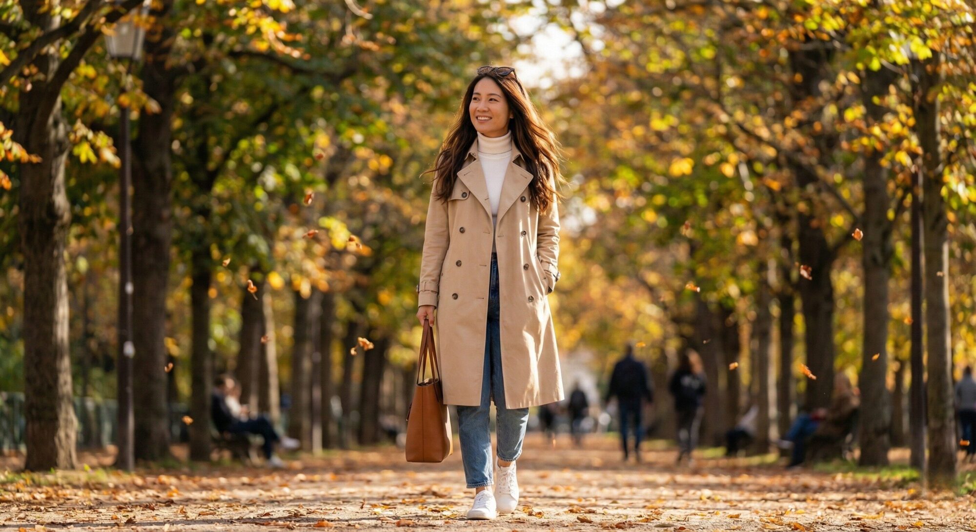 公園の並木道を散歩する自信に満ちた女性