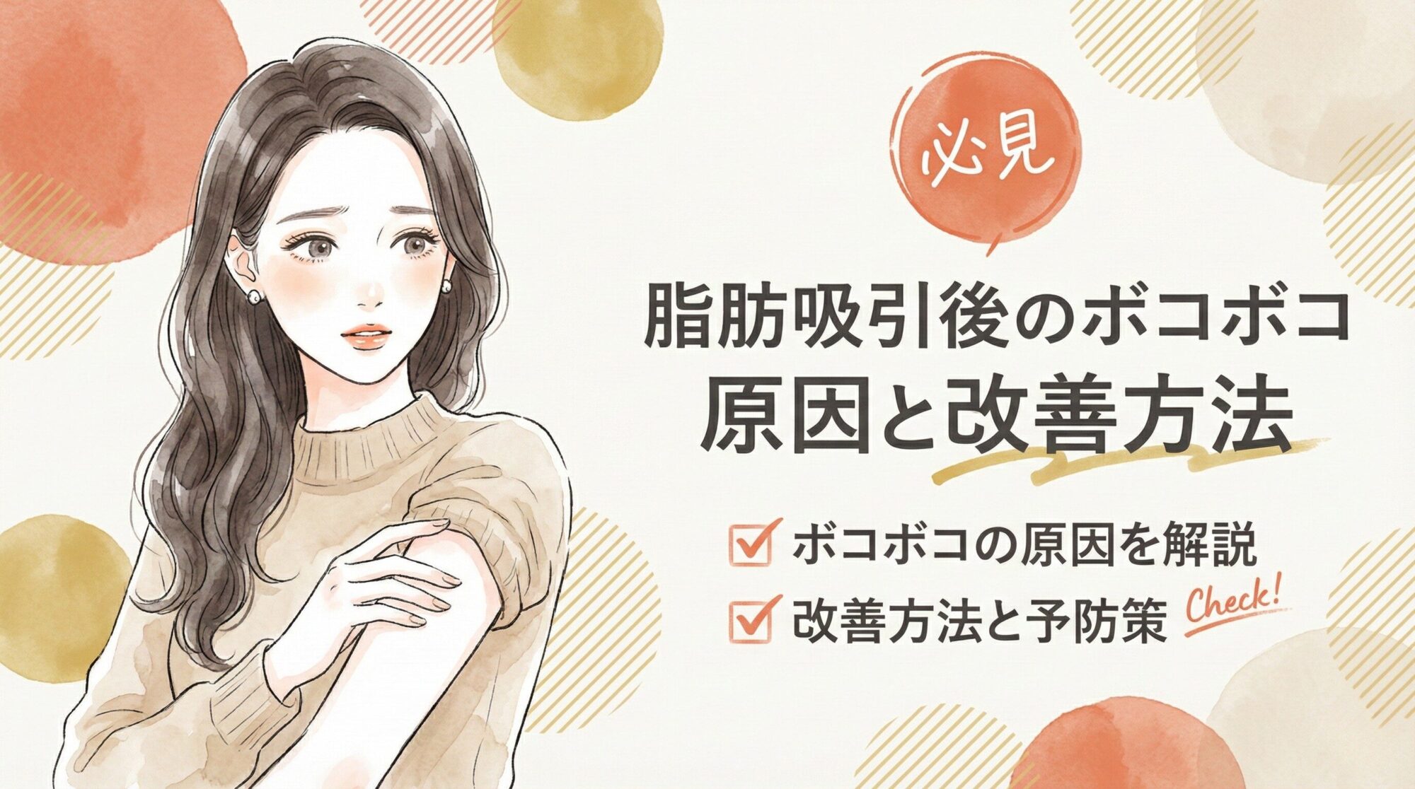 脂肪吸引後のボコボコについて考える若い女性のイラスト