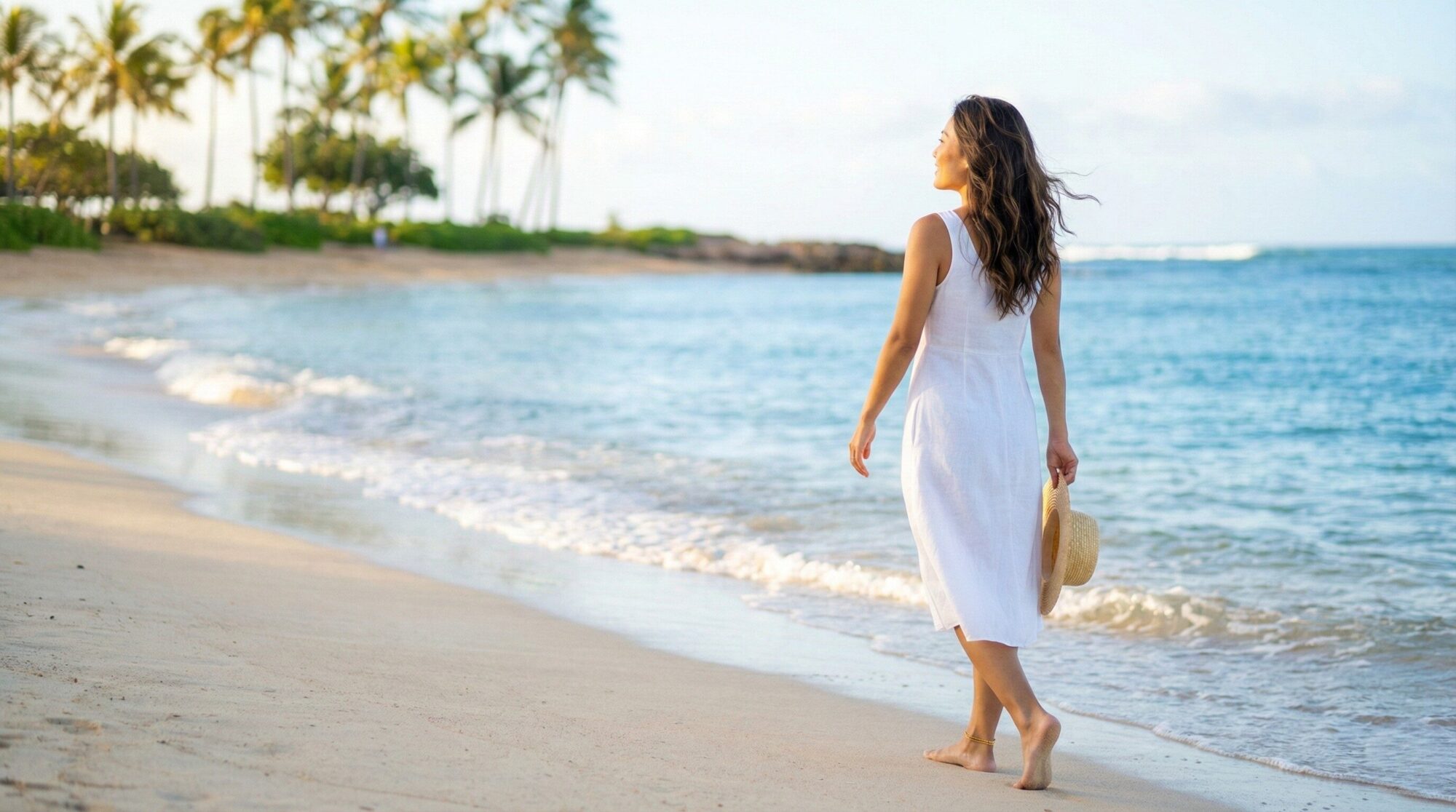 リゾートビーチを歩く自信に満ちた女性
