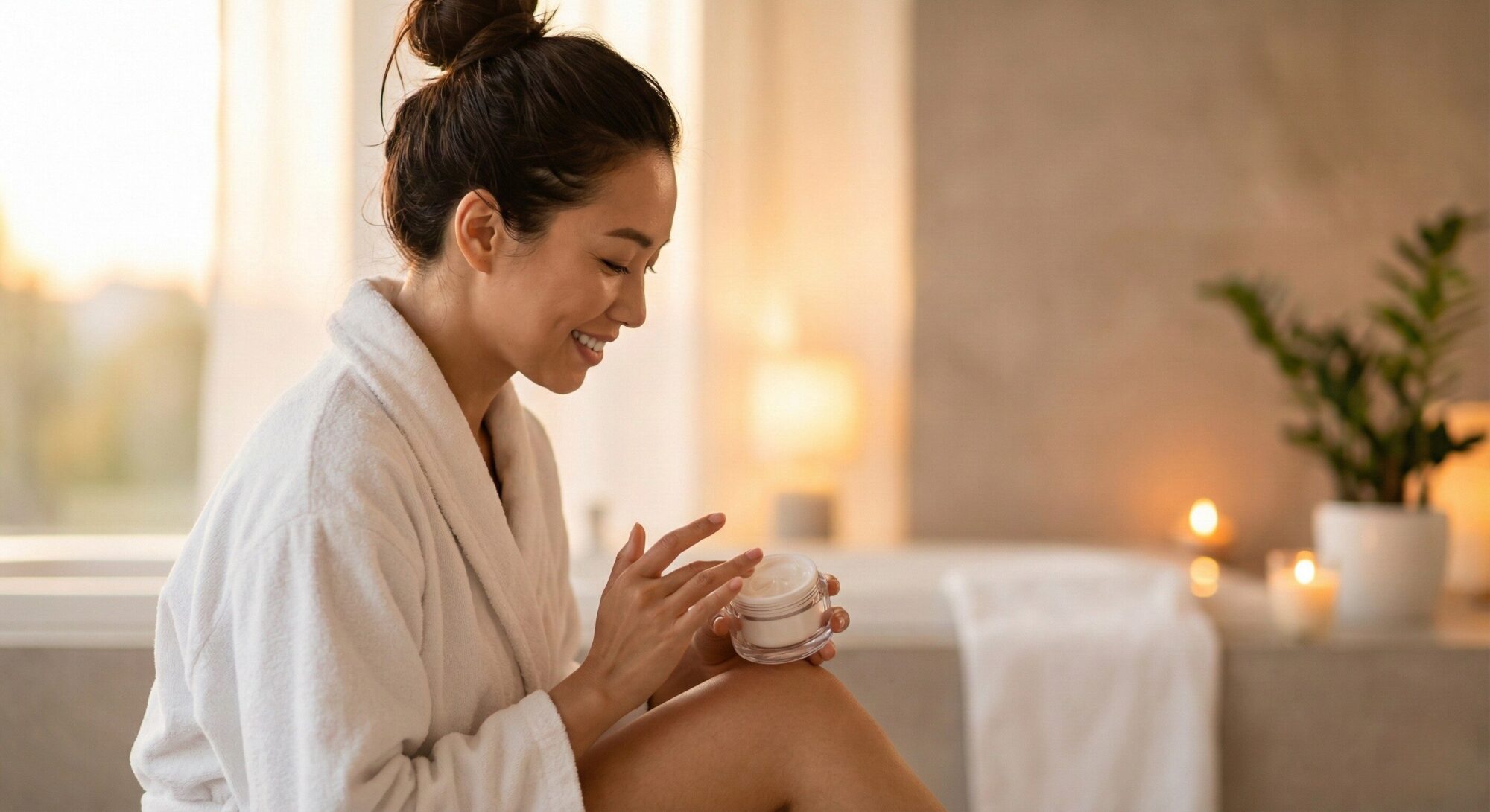 お風呂上がりにボディクリームを塗る女性