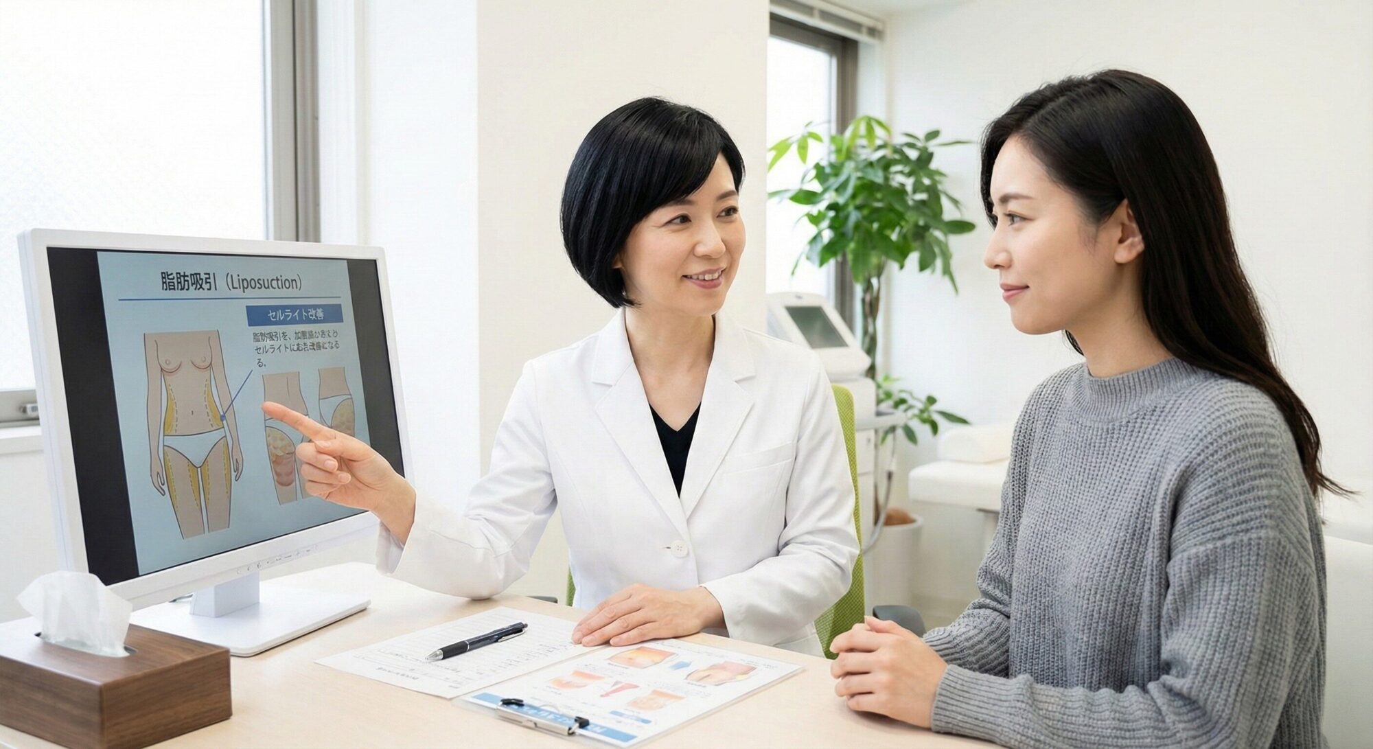 美容クリニックで医師に相談する女性