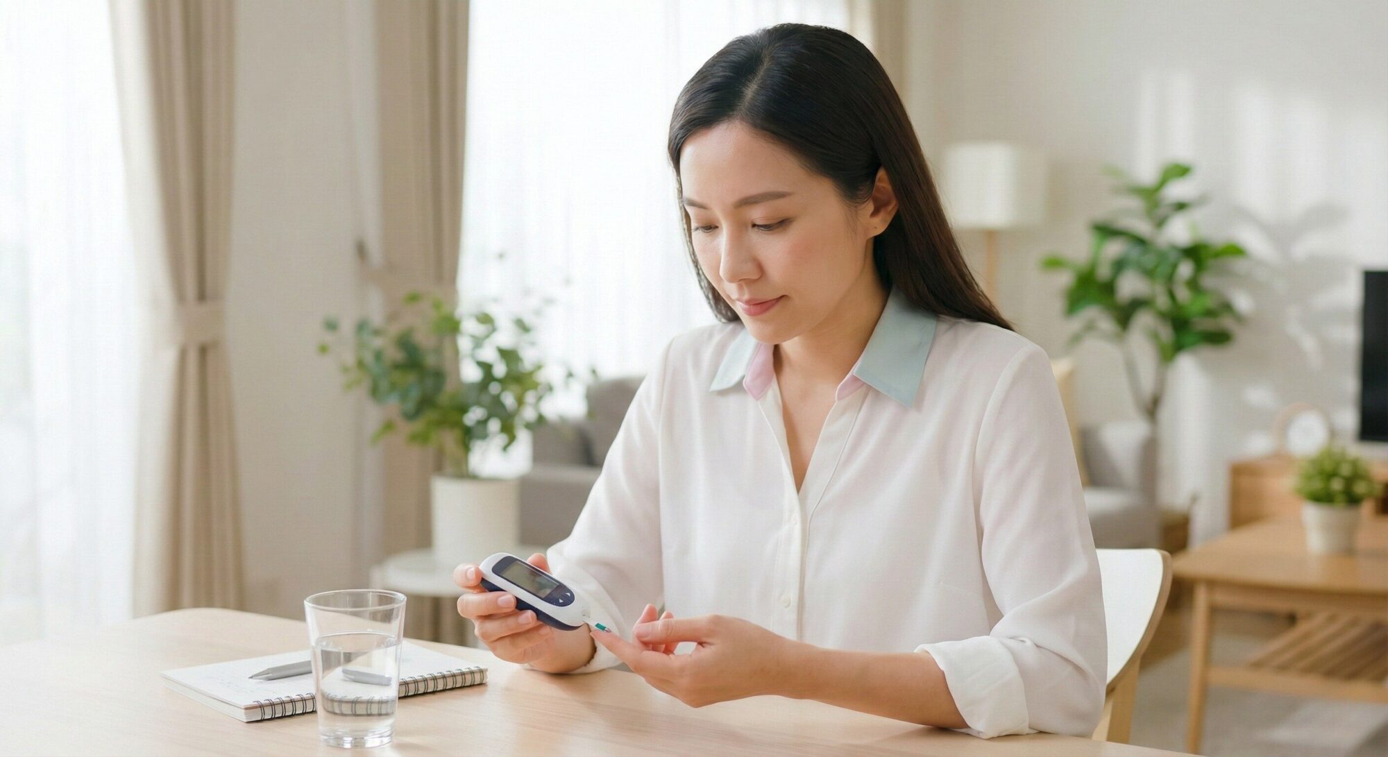 血糖値を測定する女性