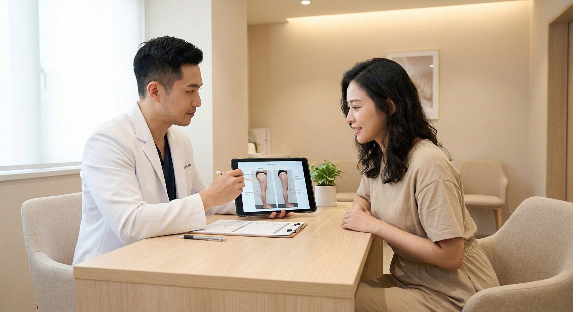 クリニックで医師から足の脂肪吸引の説明を受ける女性