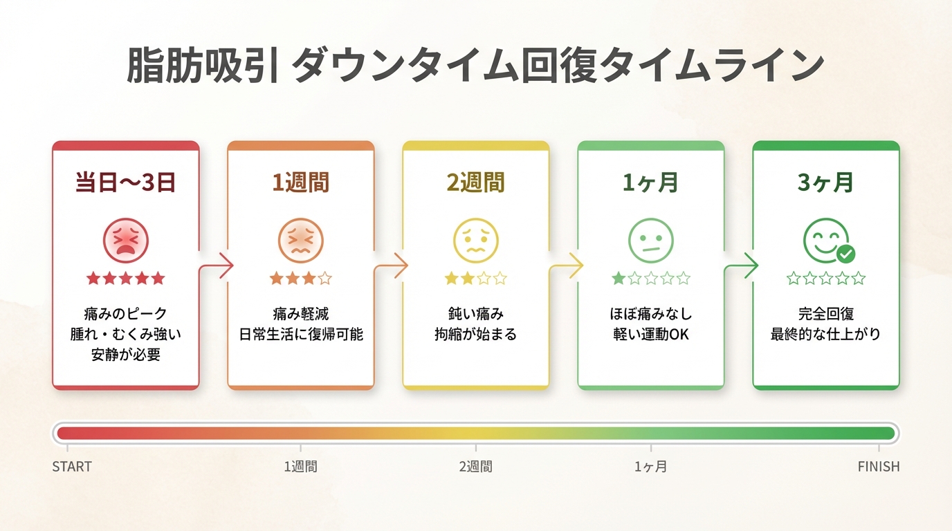 脂肪吸引後のダウンタイム回復タイムライン（当日から3ヶ月までの痛み・回復経過）