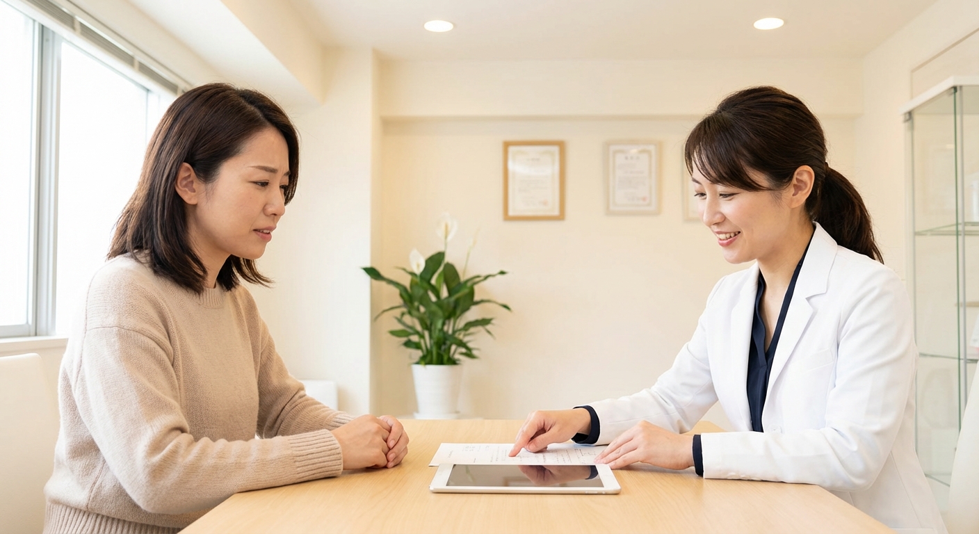 脂肪吸引後の体型変化に不安を感じている女性がクリニックで医師に相談している様子