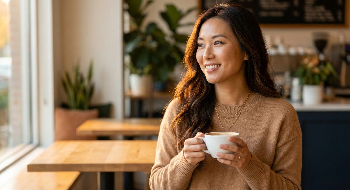 カフェでリラックスする自信に満ちた女性