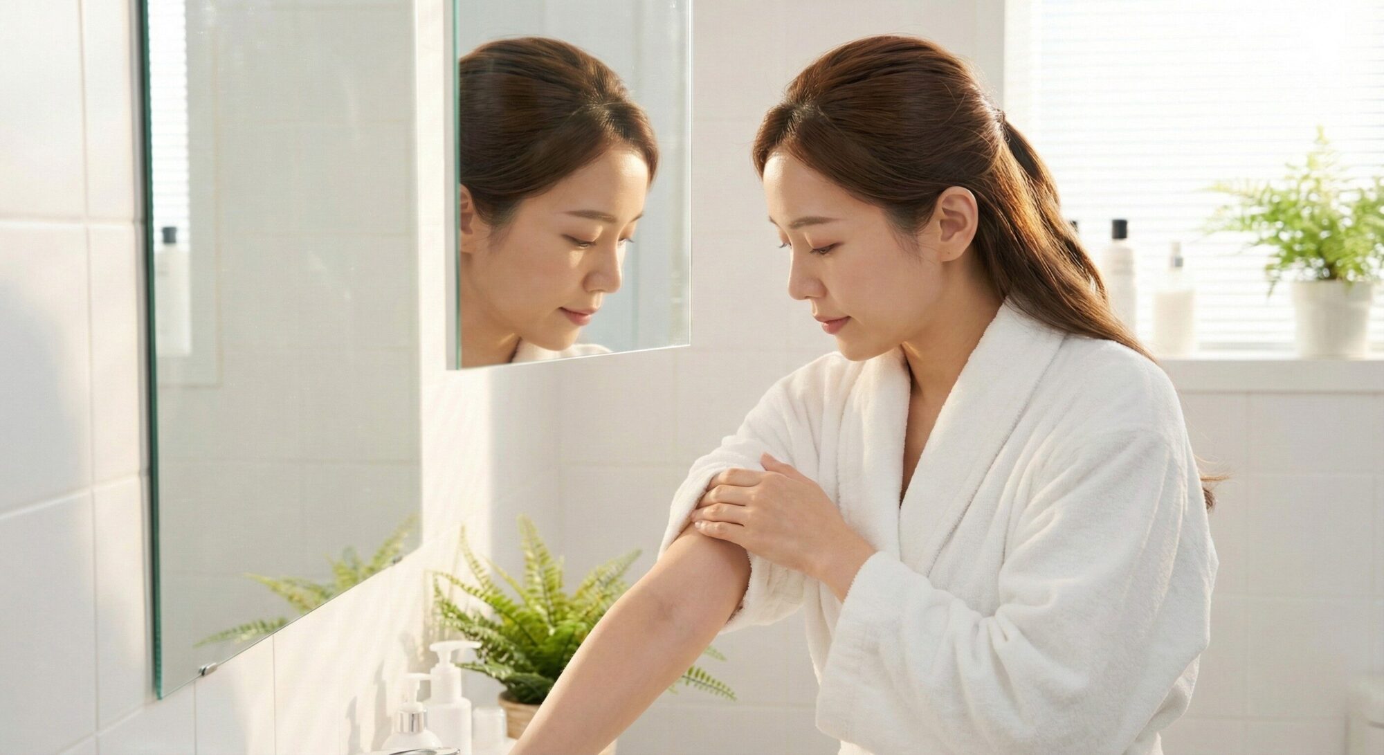 鏡で肌の状態をチェックする女性