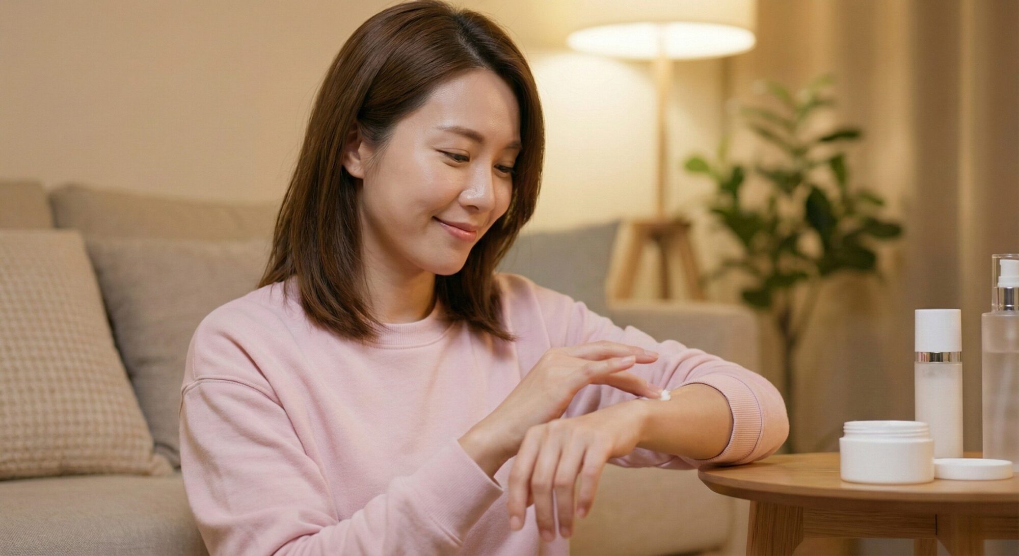 自宅でスキンケアをする女性