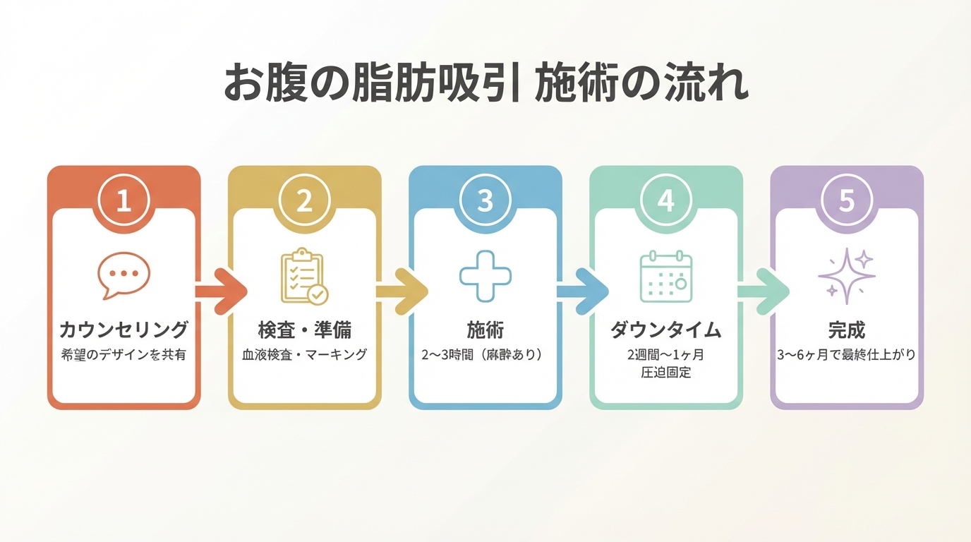 お腹の脂肪吸引の施術の流れを5ステップで示す図解（カウンセリングから完成まで）