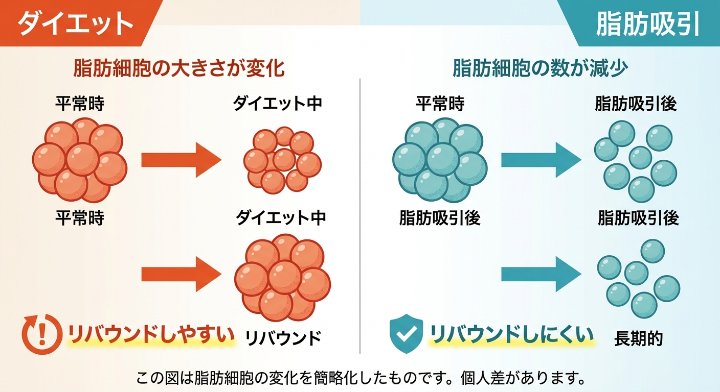 脂肪吸引とダイエットの違いを示す図解、脂肪細胞の数と大きさの変化
