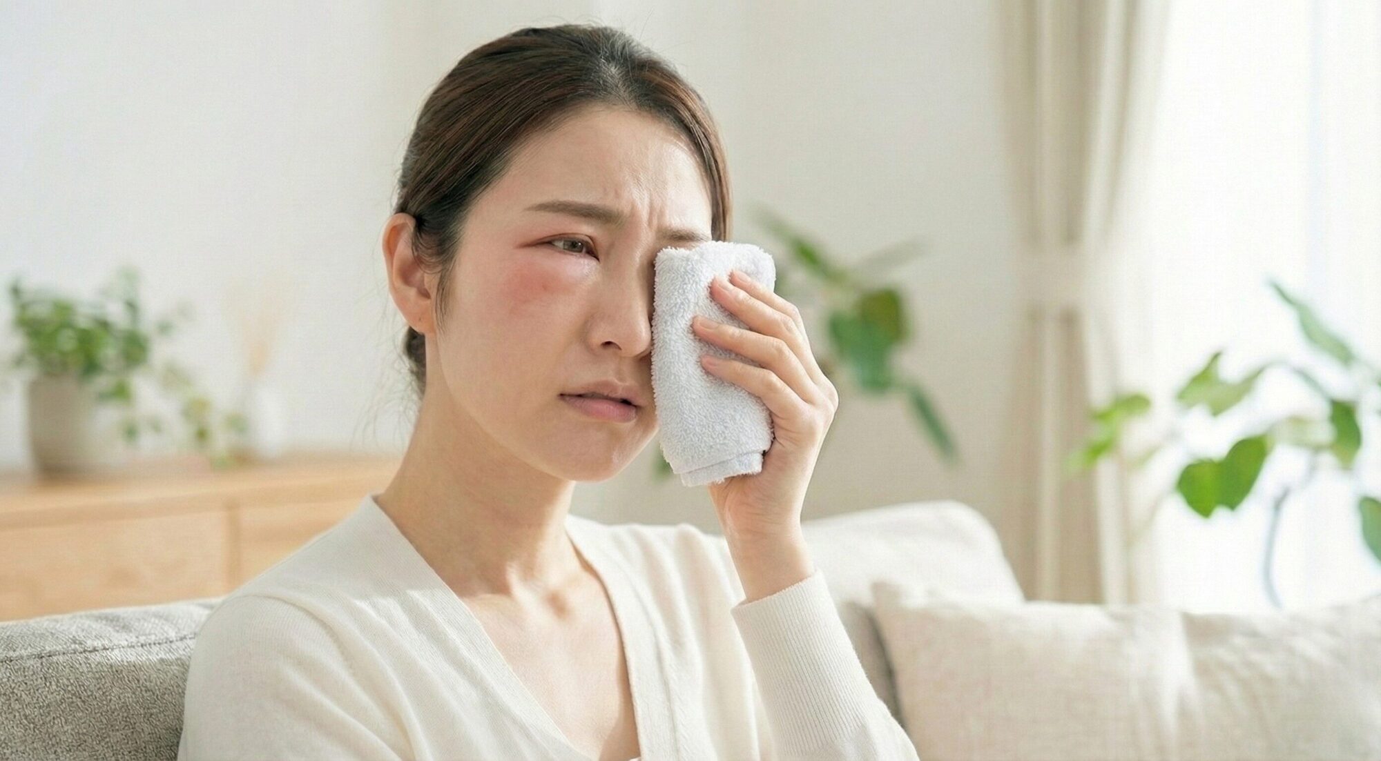 裏ハムラ法のダウンタイム中に目元をケアする女性のイメージ